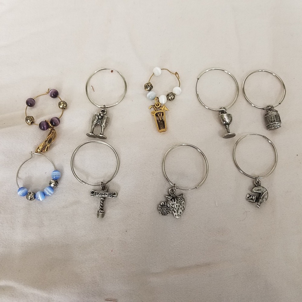 Wine themed Glass Charms Mixed Colors Excellent Beaded‎ Metal 9pc Set